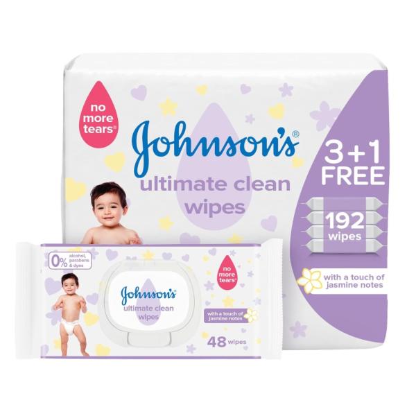 Johnson's Baby Ultimate Clean Wipes, 3 + 1 Packs of 48 Wipes, 192 Total Count