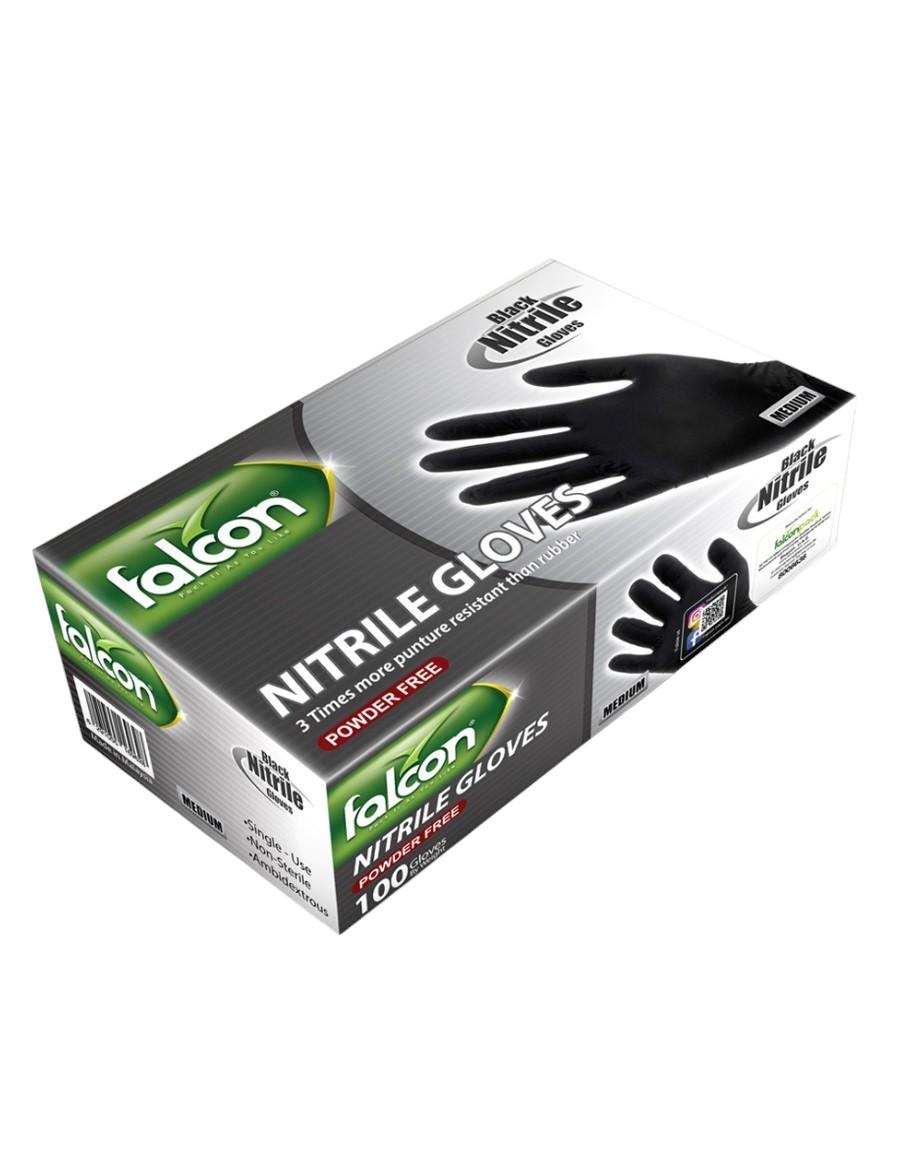 Falcon Nitrile Gloves Powder Free, Medium (Black) - 100 pcs