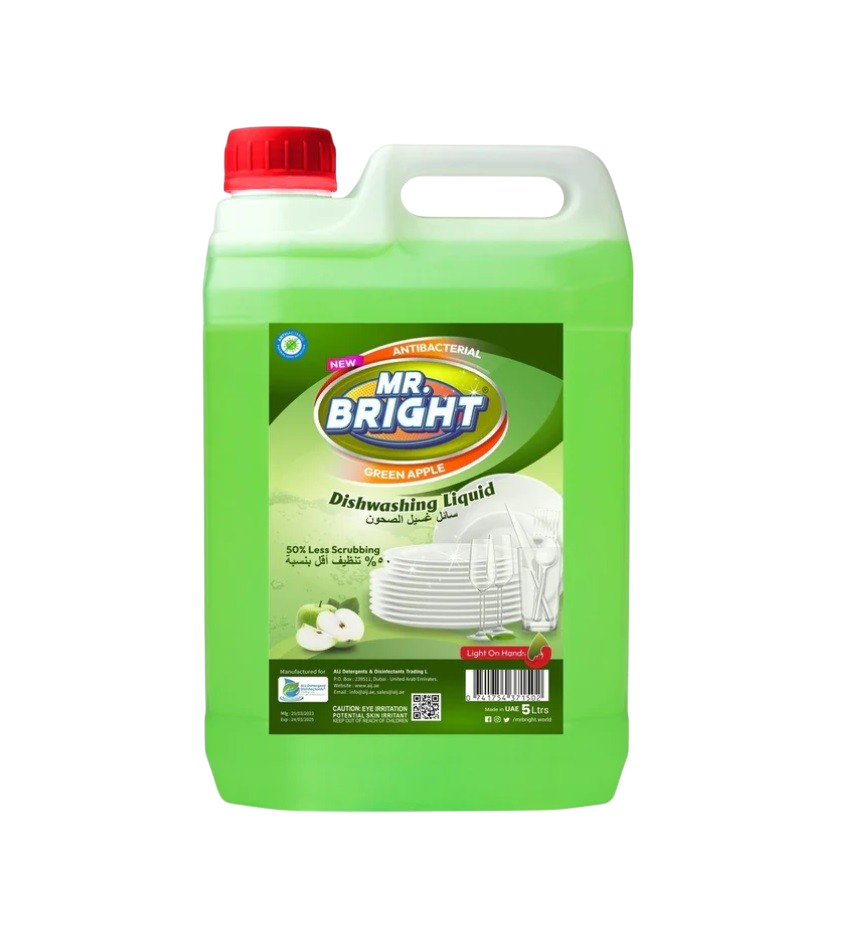 Mr. Bright Dishwashing Liquid, Green Apple - 5 Liter x 4