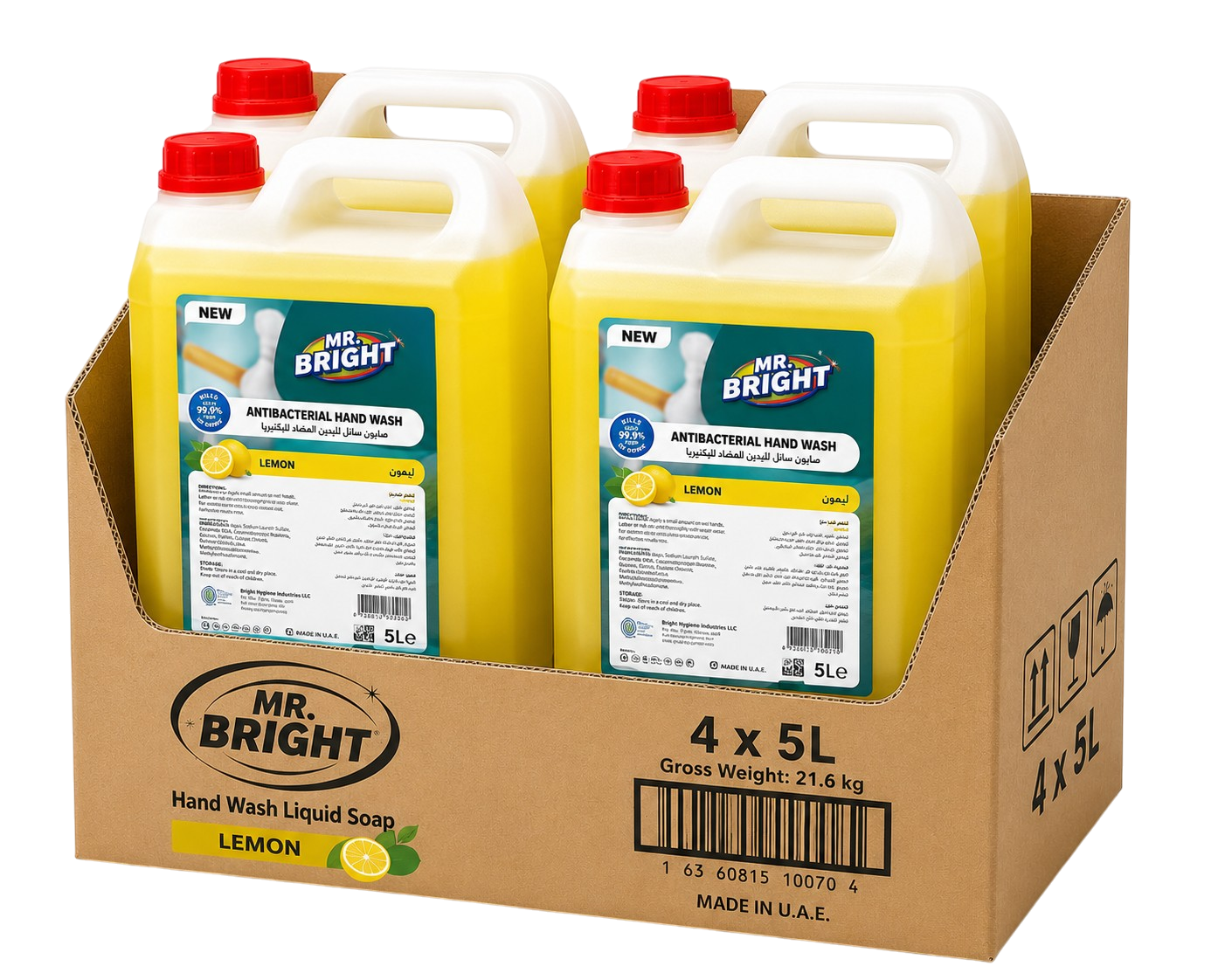 Mr Bright Hand Wash Liquid Soap, Lemon - 5 Liter x 4