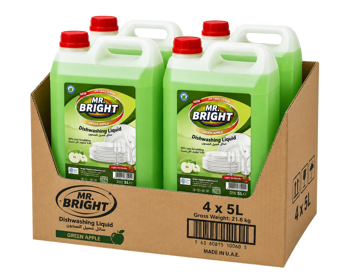 Mr. Bright Dishwashing Liquid, Green Apple - 5 Liter x 4