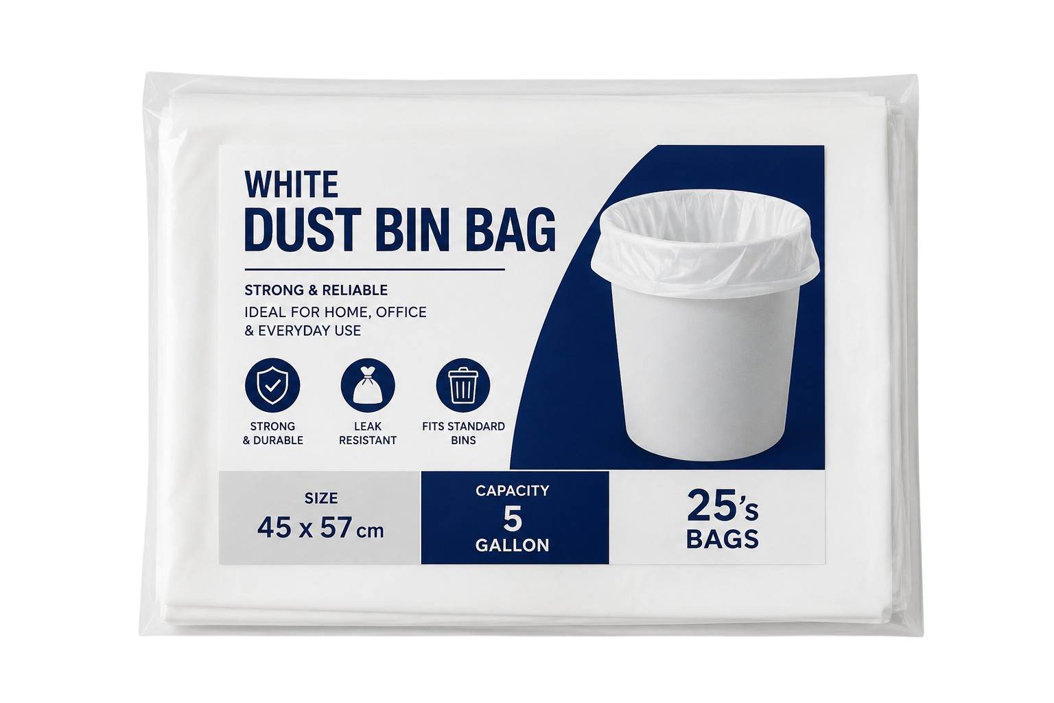 White Dust Bin Bag, 45 x 57 cm, 5 Gallon  - 25's