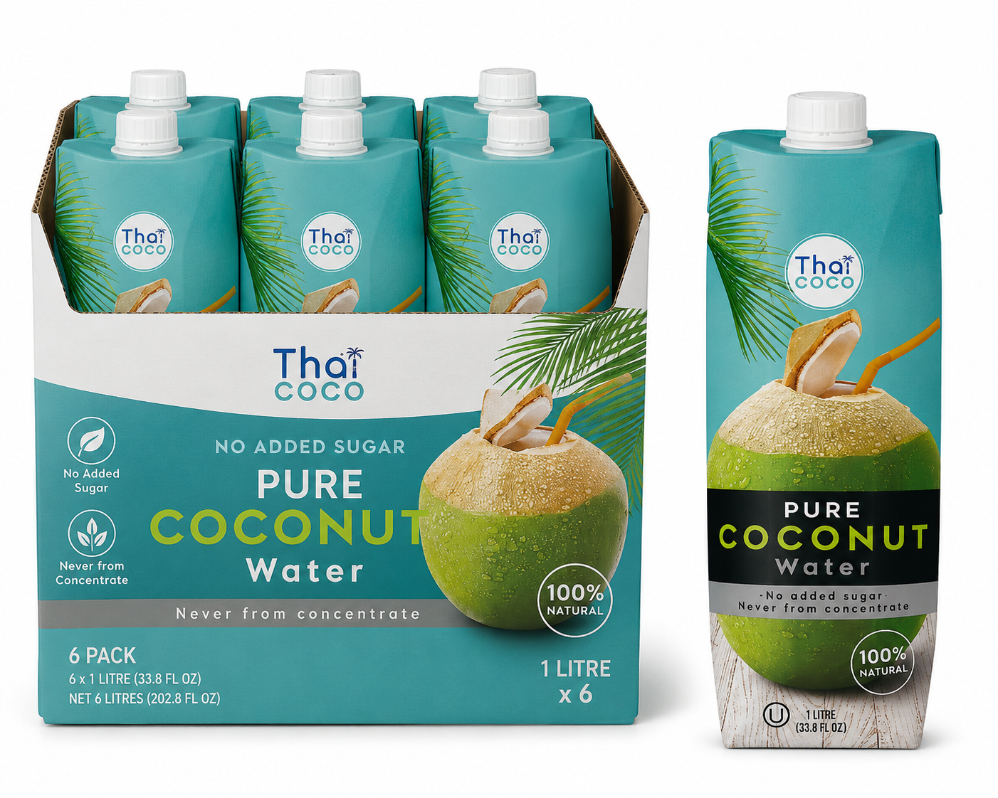 Thai Coco No Added Sugar Pure Coconut Water - 1 Litre x 6