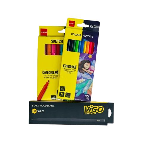 GIGIS Pencil, 12 Color Pencils + 10 Black Pencils & 12 Sketch Pens (Back to School Combo)