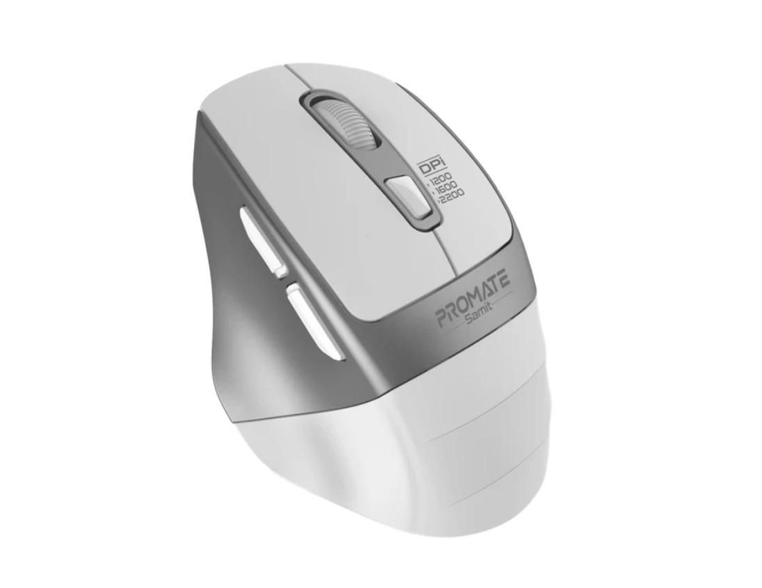 Promate Samit, 2.4GHz Ergonomic 2200 DPI Silent Click Wireless Mouse, White