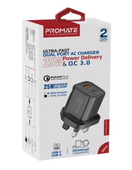 Promate PowerPort-25AC, Ultra-Fast Dual Port AC Charger, Black UK