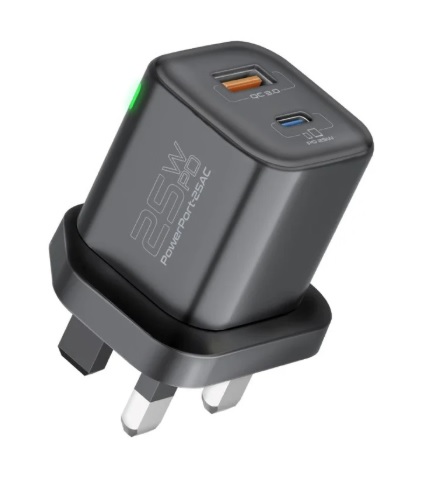 Promate PowerPort-25AC, Ultra-Fast Dual Port AC Charger, Black UK