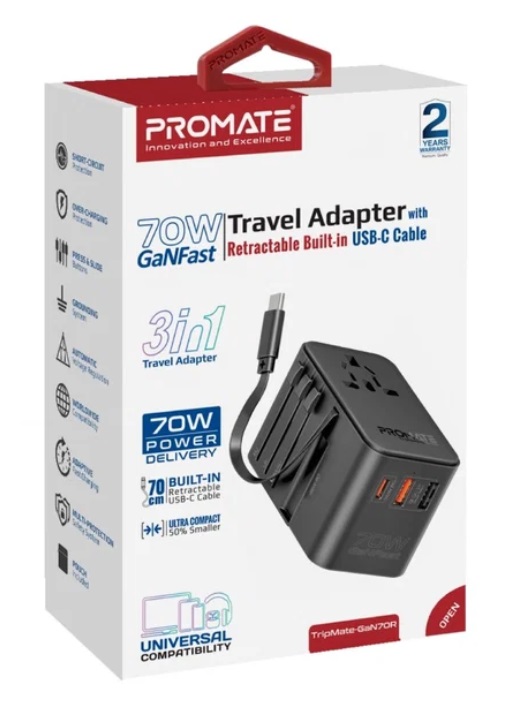 Promate TripMate-GaN70R, Travel Adapter