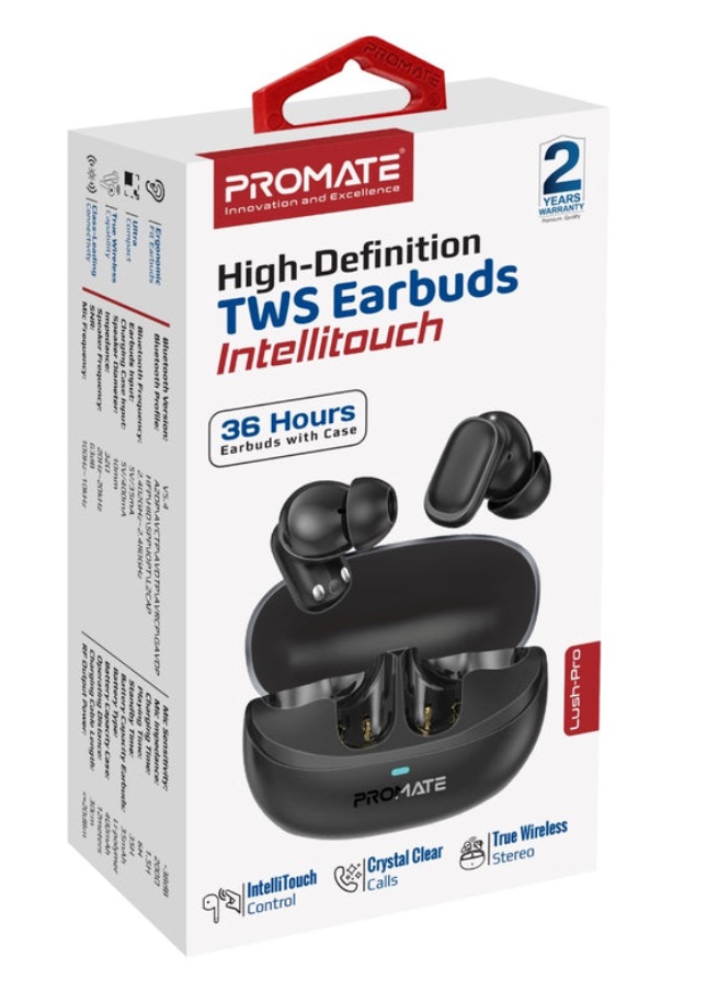 Promate Lush-Pro HD TWS Earbuds with Intellitouch, Black