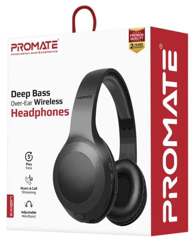 Promate LaBoca Deep Bass Over-Ear Wireless Headphones, Black