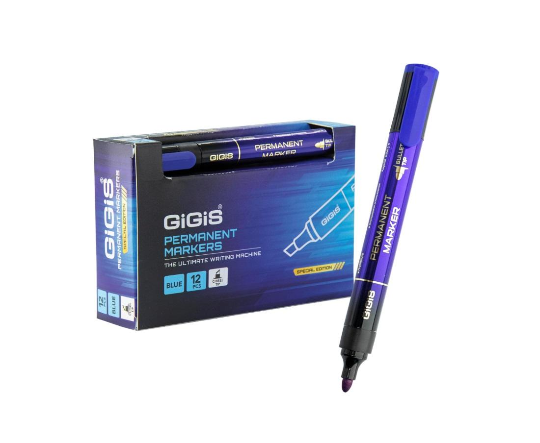 GIGIS Permanent Marker, Bullet Tip, Blue - Pack of 12