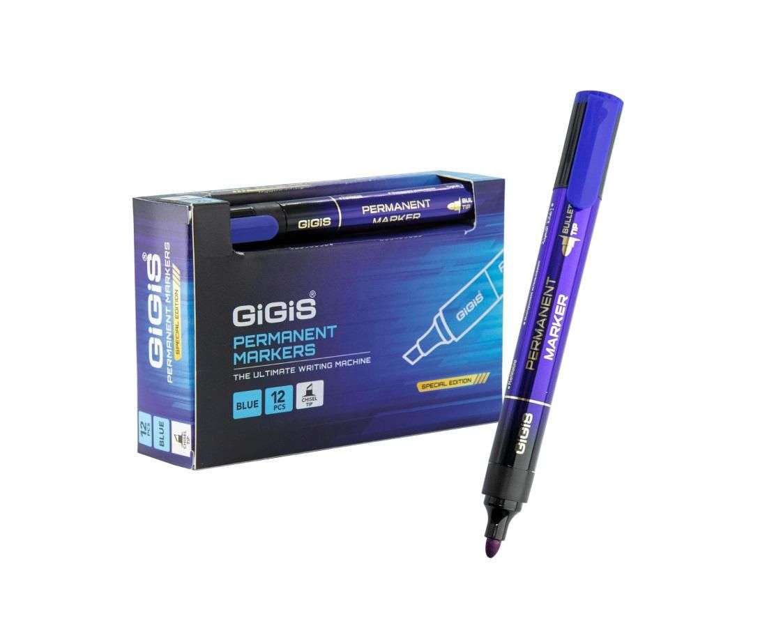 GIGIS Permanent Marker, Bullet Tip, Blue - Pack of 12
