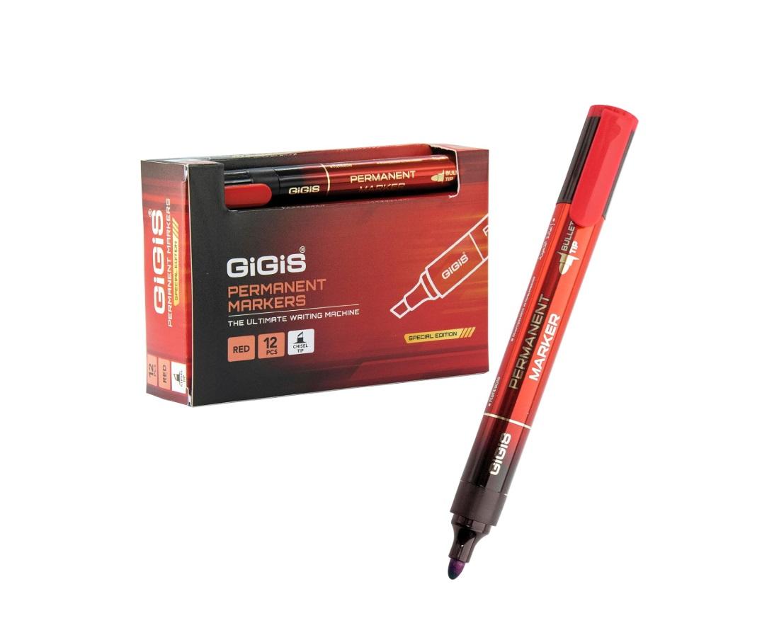 GIGIS Permanent Marker, Bullet Tip, Red - Pack of 12