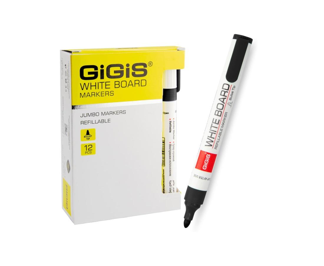 GIGIS White Board Marker, Bullet Tip, Black - Pack of 12