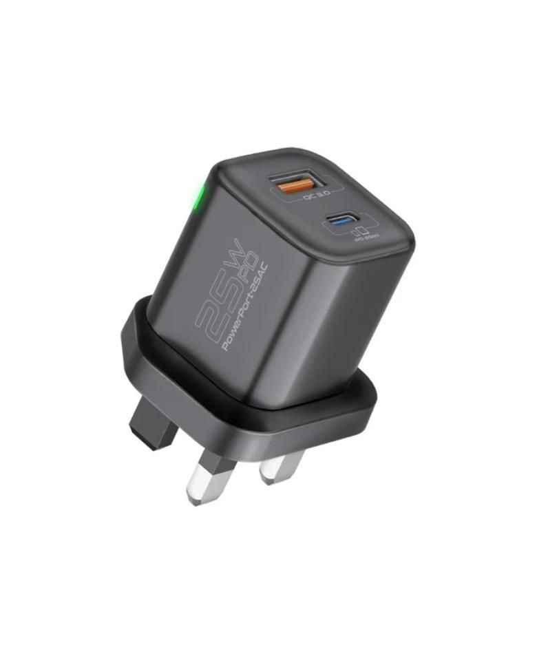 Promate PowerPort-25AC, Ultra-Fast Dual Port AC Charger with 25W Power Delivery and QC 3.0, Black UK