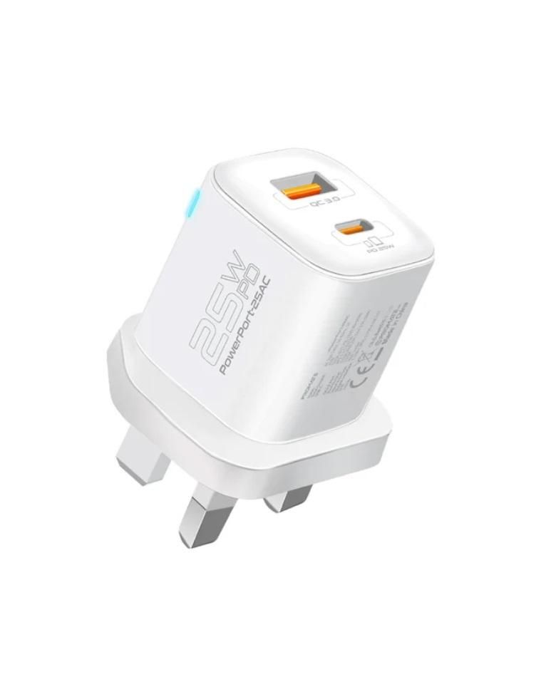 Promate PowerPort-25AC, Ultra-Fast Dual Port AC Charger with 25W Power Delivery and QC 3.0, White UK
