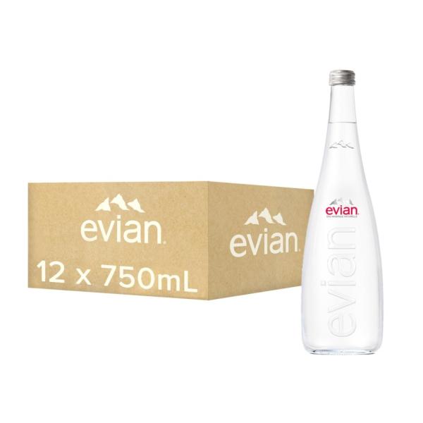 Evian Natural Mineral Water, Glass Bottle - 750 ml x 12
