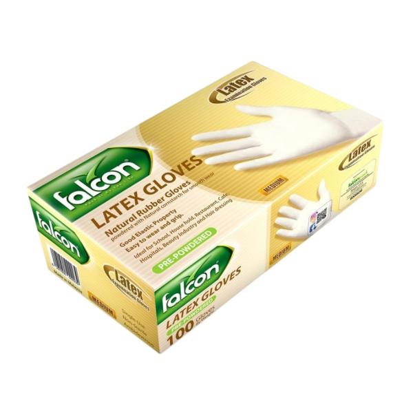 Falcon Latex Gloves Pre-Powdered, Medium - 100 pcs