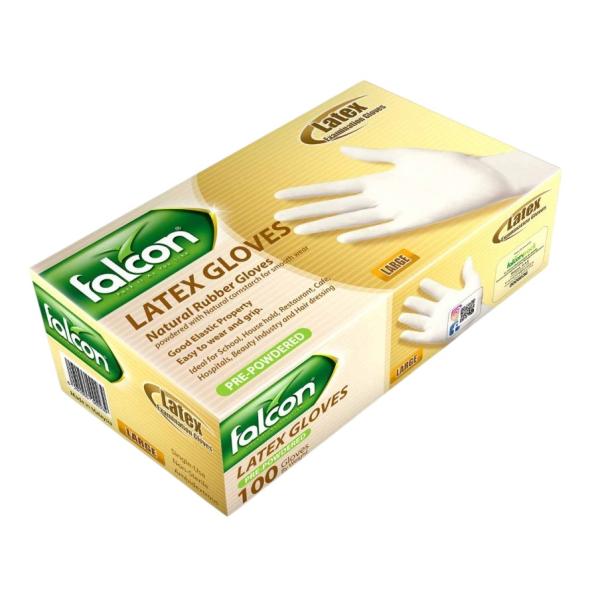 Falcon Latex Gloves Pre-Powdered, Large - 100 pcs