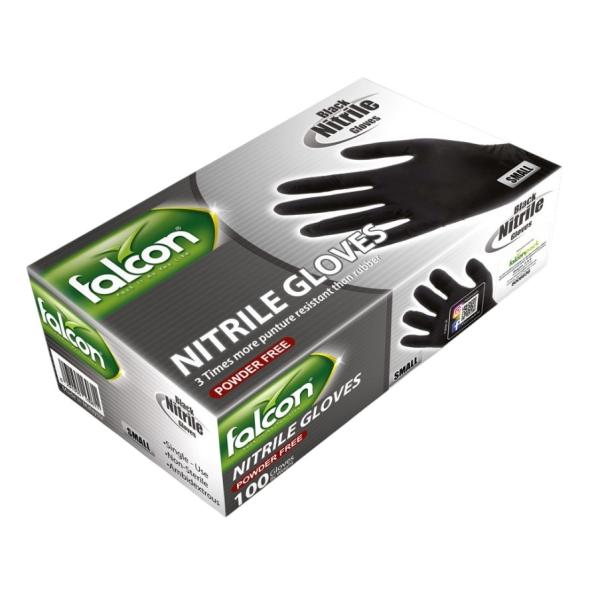 Falcon Nitrile Gloves Powder Free, Small (Black) - 100 pcs
