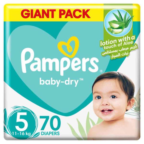 Pampers Baby-Dry Diapers with Aloe Vera Lotion, Size 5, 11-16 kg - 70 Diapers