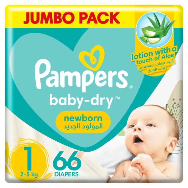 Pampers Baby-Dry Newborn Diapers with Aloe Vera Lotion, Size 1, 2-5 kg, Jumbo Pack - 66 Diapers