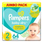 Pampers Baby-Dry Newborn Diapers with Aloe Vera Lotion, Size 2, 3-8 kg, Jumbo Pack - 64 Diapers