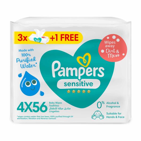 Pampers Sensitive Protect Baby Wipes, 4 x 56 Wipes - 224 Wipes