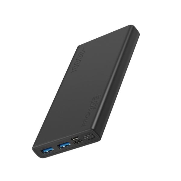 Promate Bolt-10, Compact Smart Charging Power Bank with Dual USB Output, Black