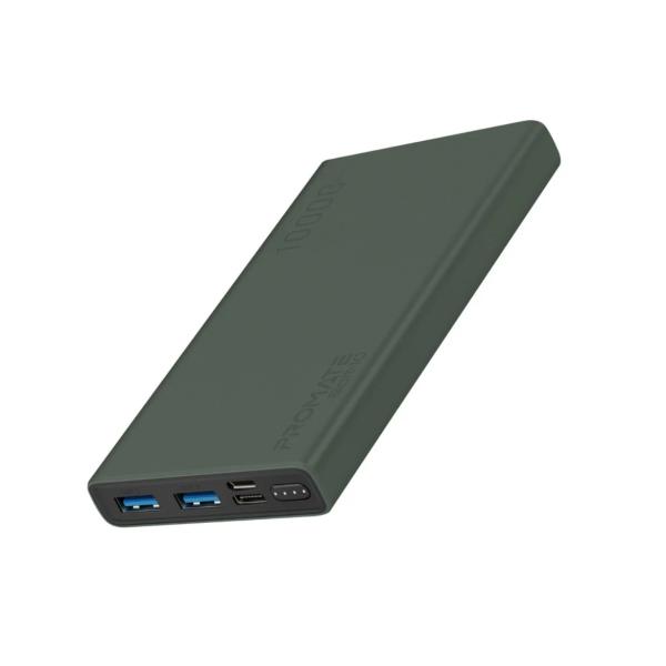 Promate Bolt-10, Compact Smart Charging Power Bank with Dual USB Output, Midnight Green