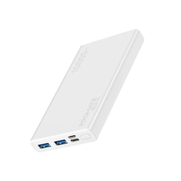 Promate Bolt-10, Compact Smart Charging Power Bank with Dual USB Output, White