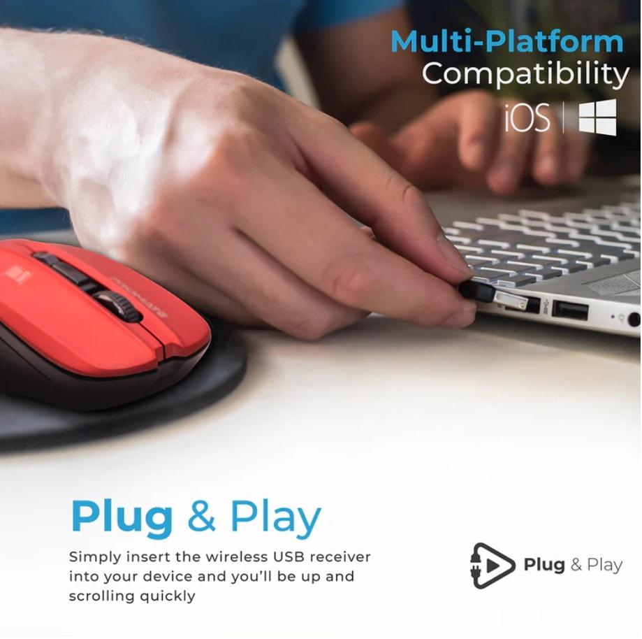 Promate Contour, Comfort Performance Wireless Ergonomic Mouse, Red