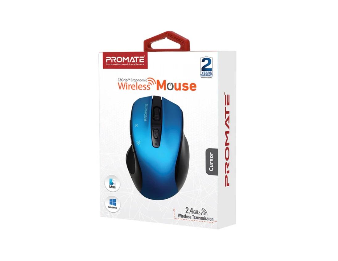 Promate Cursor, EZGrip Ergonomic Wireless Mouse, Blue