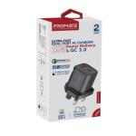 Promate PowerPort-25AC, Ultra-Fast Dual Port AC Charger with 25W Power Delivery and QC 3.0, Black UK