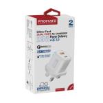 Promate PowerPort-25AC, Ultra-Fast Dual Port AC Charger with 25W Power Delivery and QC 3.0, White UK