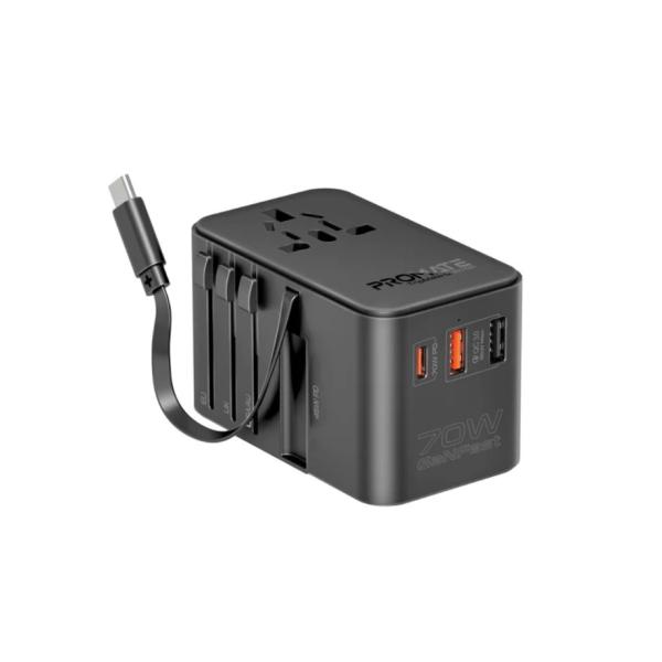 Promate TripMate-GaN70R, Travel Adapter with Retractable Built-in USB-C Cable