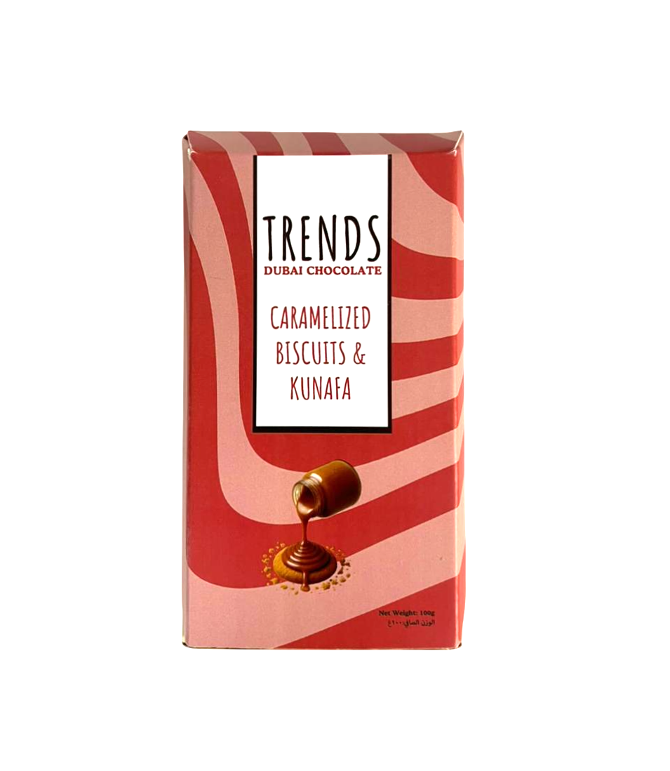 Trends Dubai Chocolate, Caramelized Biscuits & Kunafa - 100g Box with Tray