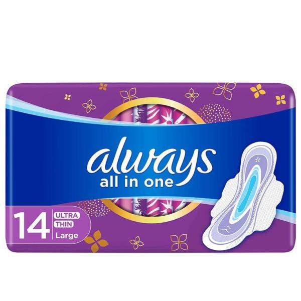 Always All in One Ultra Thin, Large Sanitary Pads with Wings, 14 ct