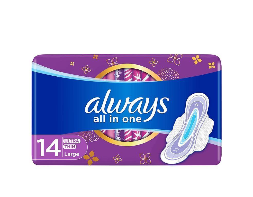 Always All in One Ultra Thin, Large Sanitary Pads with Wings, 14 ct