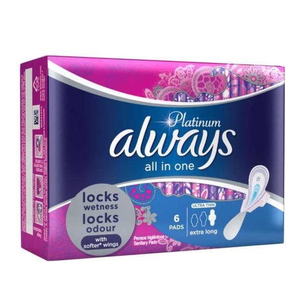 Always All in One Ultra Thin, Night Sanitary Pads with Wings, 6 ct