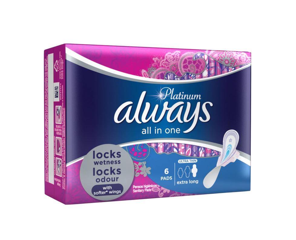 Always All in One Ultra Thin, Night Sanitary Pads with Wings, 6 ct