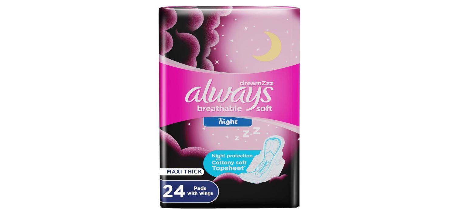 Always Breathable Soft Maxi Thick, Night Sanitary Pads with Wings, 24 pads