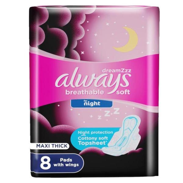 Always Breathable Soft Maxi Thick, Night Sanitary Pads with Wings, 8 pads