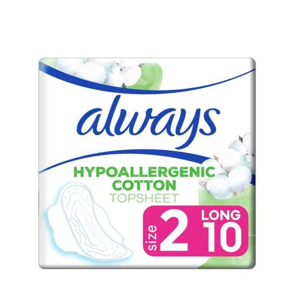 Always Pure Cotton Protection, Ultra Thin, Long Sanitary Pads with Wings, with 100% Hypoallergenic Cotton Top Sheet, 10 count