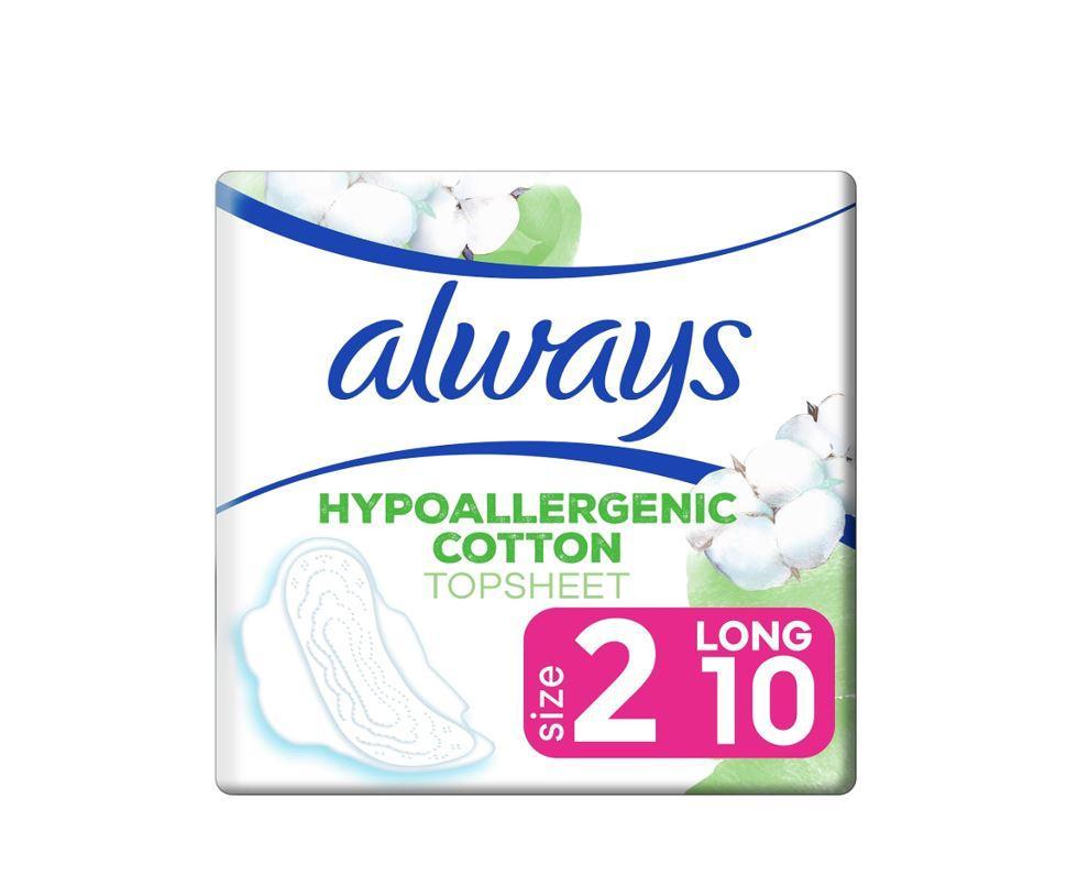 Always Pure Cotton Protection, Ultra Thin, Long Sanitary Pads with Wings, with 100% Hypoallergenic Cotton Top Sheet, 10 count