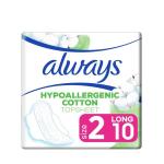 Always Pure Cotton Protection, Ultra Thin, Long Sanitary Pads with Wings, with 100% Hypoallergenic Cotton Top Sheet, 10 count