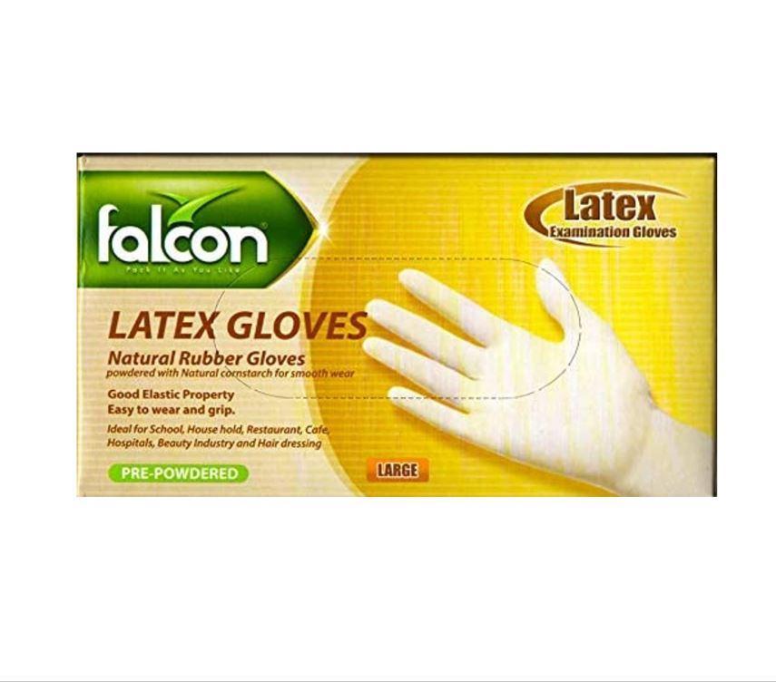 Falcon Latex Gloves Pre-Powdered, Large - 100 pcs