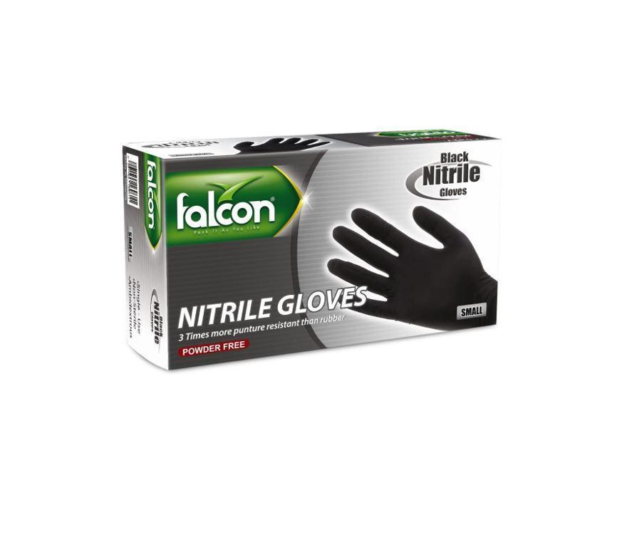 Falcon Nitrile Gloves Powder Free, Small (Black) - 100 pcs