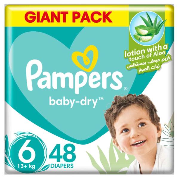 Pampers Baby-Dry Diapers with Aloe Vera Lotion, Size 6, 13+ kg - 48 Diapers