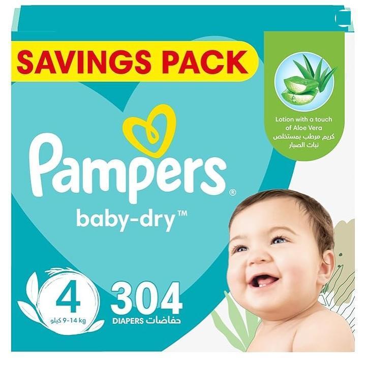 Pampers Baby-Dry Taped Diapers with Aloe Vera Lotion, Size 4, 9-14kg - 304 Diapers